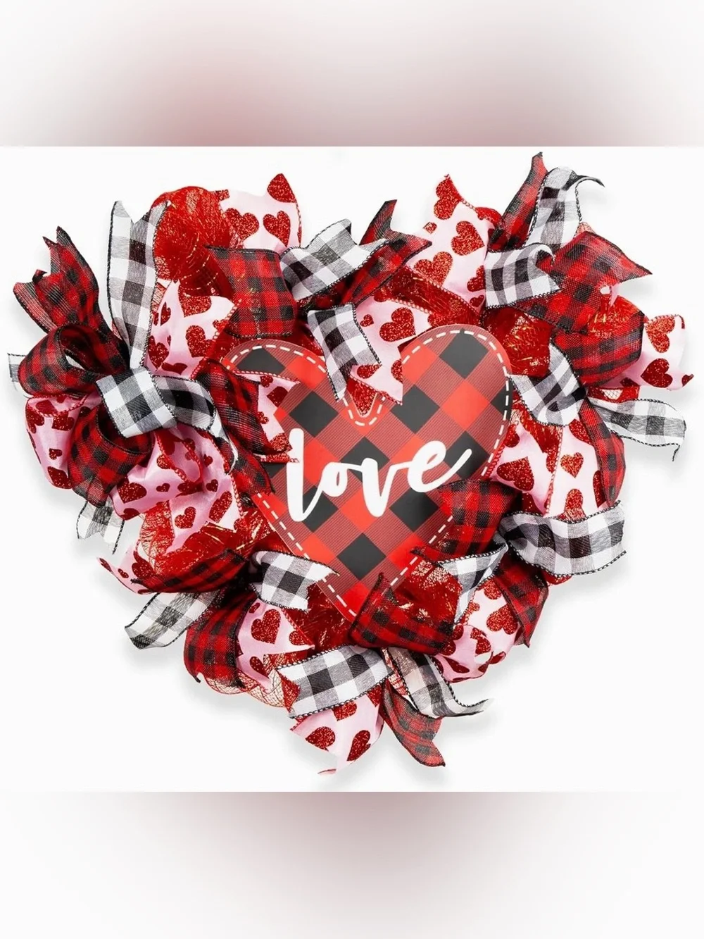 16” Red and Black Buffalo Plaid Heart 'Love' Wreath